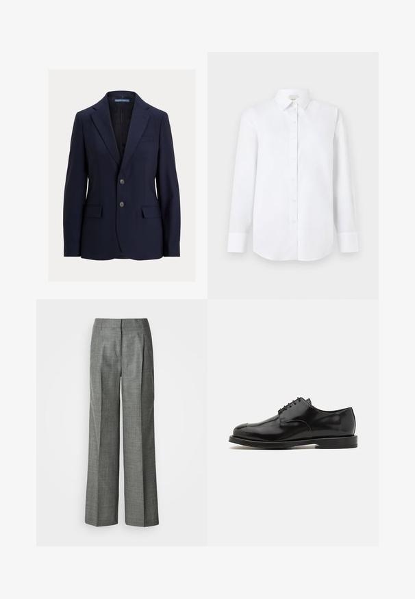 Tumesinine meeste bleiser sälgkraega, kahe nööbi, klapiga taskute ja rinnataskuga, bränd Polo by Ralph Lauren.; Valge pika varrukaga särk, mis on valmistatud siledast kangast, funktsioonidega nagu nupuga eesmine osa, klassikaline krae ja ümar hem, millel on nupuga mansetid.; Hallid laia lõikega püksid tekstuurse kangaga, millel on voltid, lame esiosa ja sirge lõige. Näha ei ole taskuid ega kaunistusi.; Musta nahast kleitjalats, millel on poleeritud viimistlus, ümmargune nina, nööridega disain, kontrastne talla värv ja minimalistlikud õmbluse detailid.