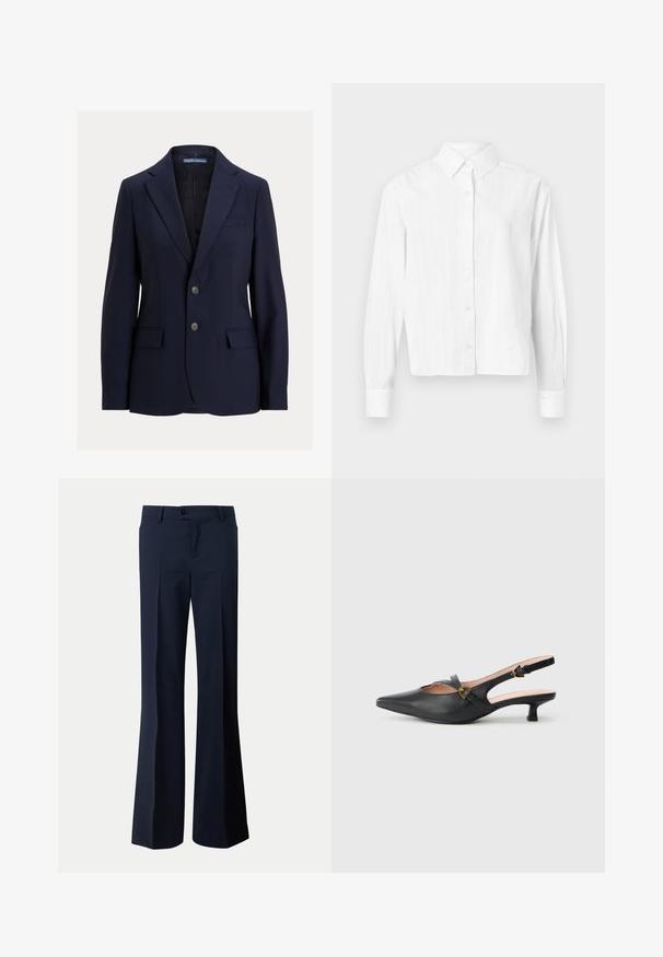 Tumesinine meeste bleiser sälgkraega, kahe nööbi, klapiga taskute ja rinnataskuga, bränd Polo by Ralph Lauren.; Valge nööpidega särk, mis on valmistatud kerge kangaga. Omab pikki varrukasid, klassikalist kraed ja peeneid vertikaalseid triibu. Lühendatud lõige.; Tumesinisest kangast pidulikud püksid nööpidega, vööaasadega ja sirge laiade sääreotstega.; Mustast nahast slingback-plaatkingad terava varba, madala kontsa, lõigatud disaini ja kulla tooniga paela pandlaga.