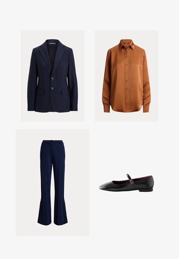 Navyblå herreblazer med notch-kraver, to knapper, lommer med klap og en brystlomme, mærket Polo af Ralph Lauren.; Langærmet satinbluse med knapper i varm kastanjebrun med spids krave og manchetter med enkeltknap.; Marineblå viddebenede bukser med for-platiks, knaplukning i taljen og knapdetaljer langs de nederste ydre sider af benene.; Sort læder flot sko med en tynd justerbar rem og lille spænde over vristen samt en spids tå-design.