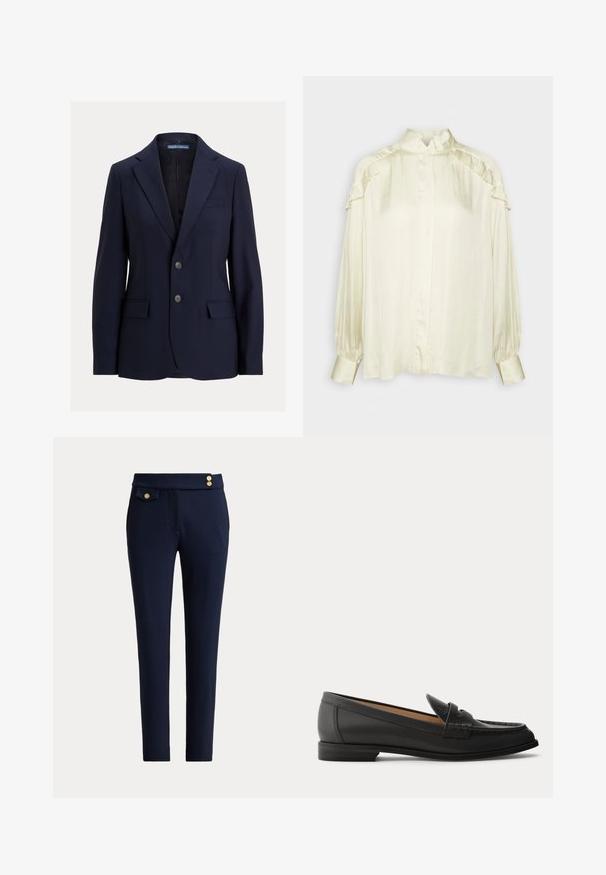 Tumesinine meeste bleiser sälgkraega, kahe nööbi, klapiga taskute ja rinnataskuga, bränd Polo by Ralph Lauren.; DAY Birger et Mikkelsen COURTNEY MODERN DRAPE - Nööpidega pluus - cloud cream; Tumesinine kitsas lõikega püksid esikilde tasku ja kolme dekoratiivse kuldse nupuga vöökohal.; Mustad nahast naiste loafer-tüüpi kingad madala kontsa, ümarate varvaste ja pealmise osa õmmeldud detailidega, külje pealt ühevärvilise taustaga.