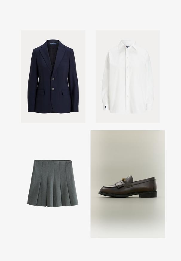 Marineblauwe herenblazer met inkepingskraag, twee knopen, klepzakken en een borstpaspelzak, gelabeld Polo van Ralph Lauren.; Wit overhemd met lange mouwen, knoopsluiting, spitse kraag en marineblauw geborduurd logo op de linkermanchet.; Grijze geplooide rok van lichtgewicht stof, met een aansluitende taille en gestructureerde plooien die een uitlopende silhoutte creëren.; Donkerbruine leren loafer met franjes en gouden gesp op zwarte zool, gezien van opzij tegen een neutrale achtergrond.