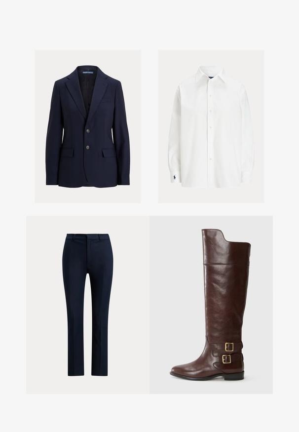 Navyblå herreblazer med notch-kraver, to knapper, lommer med klap og en brystlomme, mærket Polo af Ralph Lauren.; Hvid langærmet skjorte med knapper og spids krave samt mørkeblå broderet logo på venstre manchet.; Mørk marineblå skræddersyede bukser med lige ben, bæltestropper og frontlynlås på hvid baggrund.; Brune læderknæhøj støvle med en rund tå, der har to guldtonede spænder ved anklen og en glat, poleret overflade.