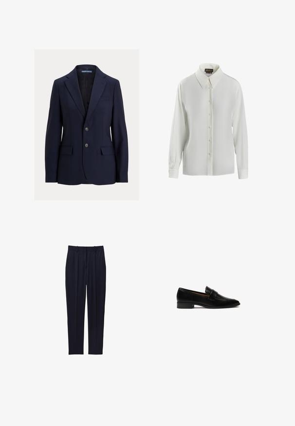 Marineblauwe herenblazer met inkepingskraag, twee knopen, klepzakken en een borstpaspelzak, gelabeld Polo van Ralph Lauren.; Luisa Spagnoli LIMONAIA - Overhemdblouse - panna; Zwarte op maat gemaakte pantalon met riemlussen en een slanke, rechte pijp tegen een witte achtergrond.; Zwarte leren loafers met een platte hak, voorzien van een rechthoekige band over de vamp en een glad, gepolijst oppervlak.