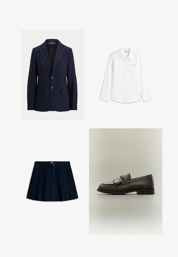 Tmavomodré pánske sako s výrezovými klopami, dvoma gombíkmi, vreckami s chlopňami a náprsným vreckom, značky Polo od Ralph Lauren.; Biela košeľa s dlhým rukávom, gombíkmi, golierom a malým vyšívaným logom na ľavej strane hrudníka.; Tmavomodrá plisovaná mini sukňa s prednými gombíkmi a zipsom, pútkami na opasok, bočnými vreckami a malým logom na ľavom bedro.; Tmavohnedý kožený mokasín s detailom strapcov a zlatou prackou na čiernej podrážke, zobrazený z boku na neutrálnom pozadí.