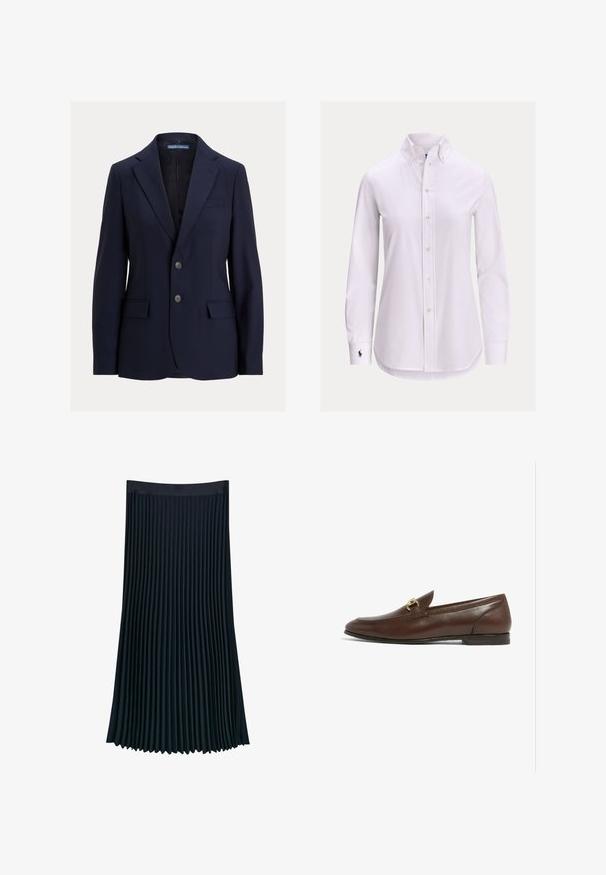 Navyblå herreblazer med notch-kraver, to knapper, lommer med klap og en brystlomme, mærket Polo af Ralph Lauren.; Hvid langærmet skjorte med knapper foran, knappet krave og lille broderet logo på venstre manchet.; Plisseret nederdel i mørk marineblå stof, med en glat talje og lodrette plisseringer for tekstur og bevægelse, samt en svømmede silhuet.; Brun læderloafer med en rund tå, der har en guldfarvet hardwaredetalje på overdelen. Flad sål med diskrete syninger.