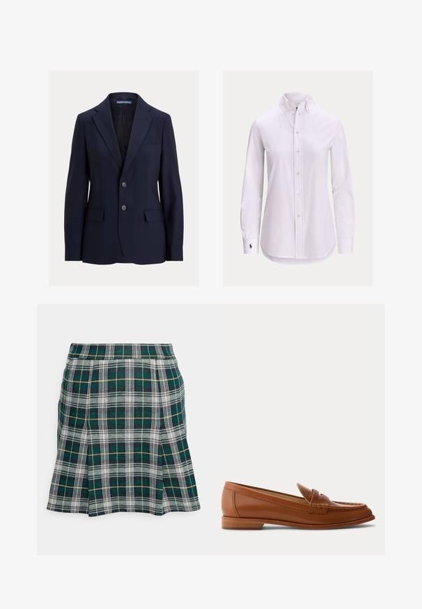 Tumesinine meeste bleiser sälgkraega, kahe nööbi, klapiga taskute ja rinnataskuga, bränd Polo by Ralph Lauren.; Valge pika varrukaga nööbitav särk nööbitava kraega ja vasakpoolses varrukaotsas väikese tikandi logoga.; Hollister Co. PLEATED MINI SKIRT - Miniseelik - green; Pruun nahast loafer madala puidust kandiga, klassikalise mündirihmaga ja tikkimisdetailidega varba ja külgede ääres.