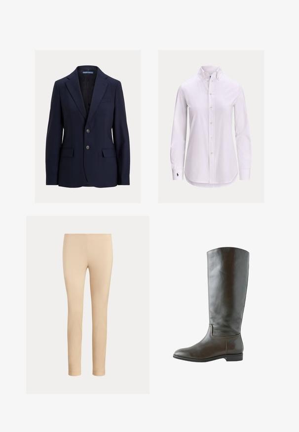 Tumesinine meeste bleiser sälgkraega, kahe nööbi, klapiga taskute ja rinnataskuga, bränd Polo by Ralph Lauren.; Valge pika varrukaga nööbitav särk nööbitava kraega ja vasakpoolses varrukaotsas väikese tikandi logoga.; Beežid kitsad pahkluu pikkusega püksid, sileda viimistlusega, ilma nähtavate taskute või kaunistusteta, ühtlase taustaga.; Kõrge pruun nahast saabas madala kontsaga, ümmarguse varbaga ja lihtsa õmblusega pahkluu ning talla servade ümber.