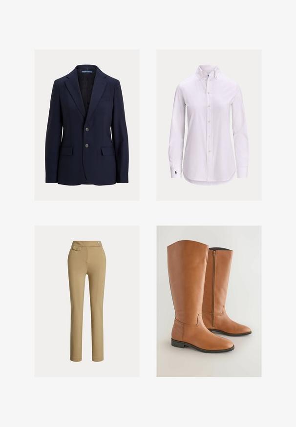 Tumesinine meeste bleiser sälgkraega, kahe nööbi, klapiga taskute ja rinnataskuga, bränd Polo by Ralph Lauren.; Valge pika varrukaga nööbitav särk nööbitava kraega ja vasakpoolses varrukaotsas väikese tikandi logoga.; Bežid suured püksid, millel on sile tekstuur, kõrge talje, kaks dekoratiivset nuppu ja üks tagumine tasku. Sirge jala disain.; Kerged nahast põlvikud, millel on sile viimistlus, külgmine tõmblukk ja madal must kummist konts. Minimalistlik disain ja ümmargune varvas.