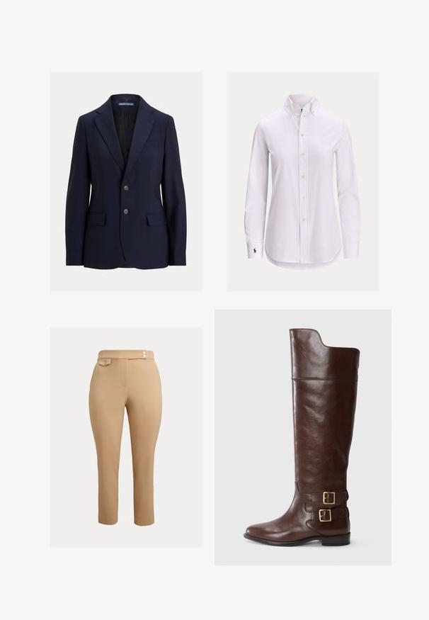 Tumesinine meeste bleiser sälgkraega, kahe nööbi, klapiga taskute ja rinnataskuga, bränd Polo by Ralph Lauren.; Valge pika varrukaga nööbitav särk nööbitava kraega ja vasakpoolses varrukaotsas väikese tikandi logoga.; Beežid slim-fit püksid kõrge vöökohaga, millel on vööl kaks väikest dekoratiivset nööpi ja paremal küljel nööpidega klapiga tasku.; Pruun nahkne põlvekõrgune saabas, millel on ümar nina, kahte kuldset vintsi pahkluul ja sile, lihvitud tekstuur.