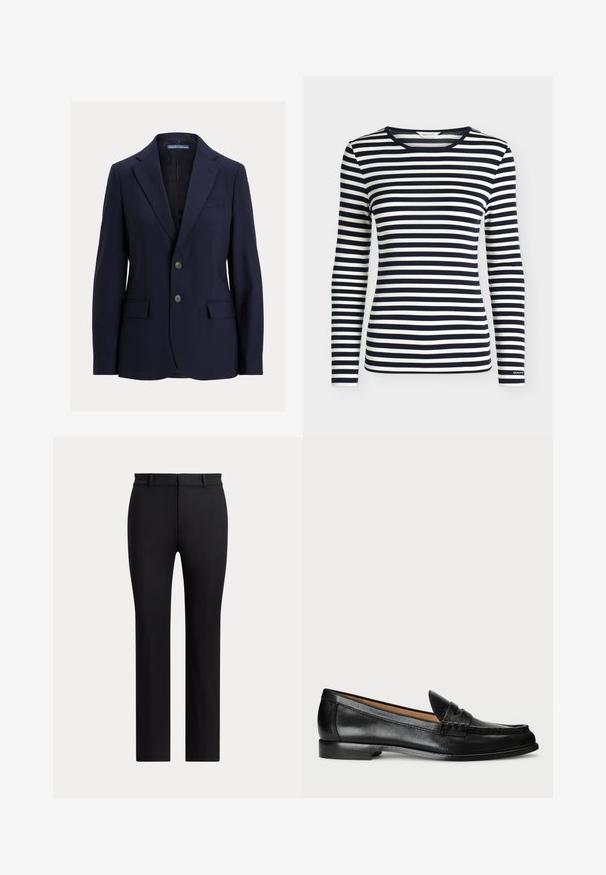 Navyblå herreblazer med notch-kraver, to knapper, lommer med klap og en brystlomme, mærket Polo af Ralph Lauren.; Langærmet skjorte med navy og hvide horisontale striber og rund halsudskæring, mærket GANT på ærmekanten.; Sorte bukser med lige ben, bæltestropper og slim fit, vist mod en ensartet lys baggrund.; Lauren Ralph Lauren WYNNIE - Loafers - black