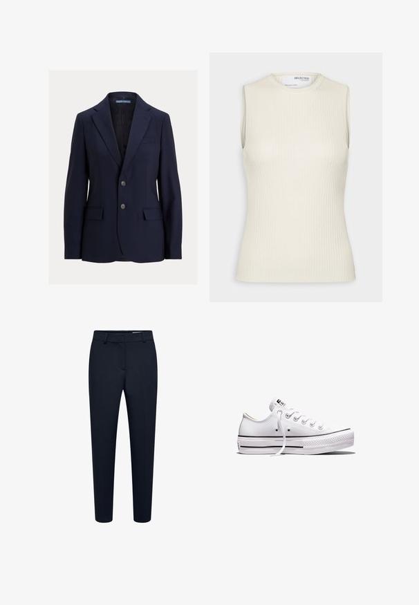 Navyblå herreblazer med notch-kraver, to knapper, lommer med klap og en brystlomme, mærket Polo af Ralph Lauren.; Selected Knitted Sleeveless - Top - birch; Sorte, skræddersyede, slanke bukser med bæltestropper og skjult lukning foran, velegnet til formelt eller kontorbrug.; Lavtop hvid lærredsneaker med hvide snørebånd, gummisål, sorte stribedetaljer og logo-patch på tungen og hælen.