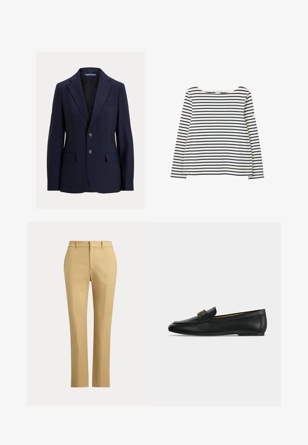 Marineblauwe herenblazer met inkepingskraag, twee knopen, klepzakken en een borstpaspelzak, gelabeld Polo van Ralph Lauren.; Wit shirt met lange mouwen met horizontale donkerblauwe strepen en een ronde hals, plat gelegd op een witte achtergrond.; Beige rechte broek met riemlussen, een rits aan de voorkant en op maat gemaakte plooien op een effen lichte achtergrond.; Zwarte leren loafer met een gouden metalen gesp bovenop, platte zool en een gestikt ontwerp langs de bovenrand.