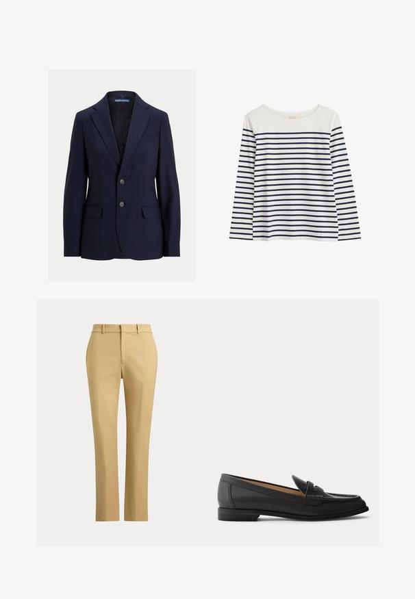 Marineblauwe herenblazer met inkepingskraag, twee knopen, klepzakken en een borstpaspelzak, gelabeld Polo van Ralph Lauren.; Langärmbla top van biologisch katoen met een witte achtergrond en marineblauwe horizontale strepen. Ronde halslijn, relaxte pasvorm, geen zichtbare accenten.; Beige rechte broek met riemlussen, een rits aan de voorkant en op maat gemaakte plooien op een effen lichte achtergrond.; Zwarte leren damesslof met lage hak, afgeronde neus en gestikte details op het bovenwerk, van opzij getoond tegen een effen achtergrond.