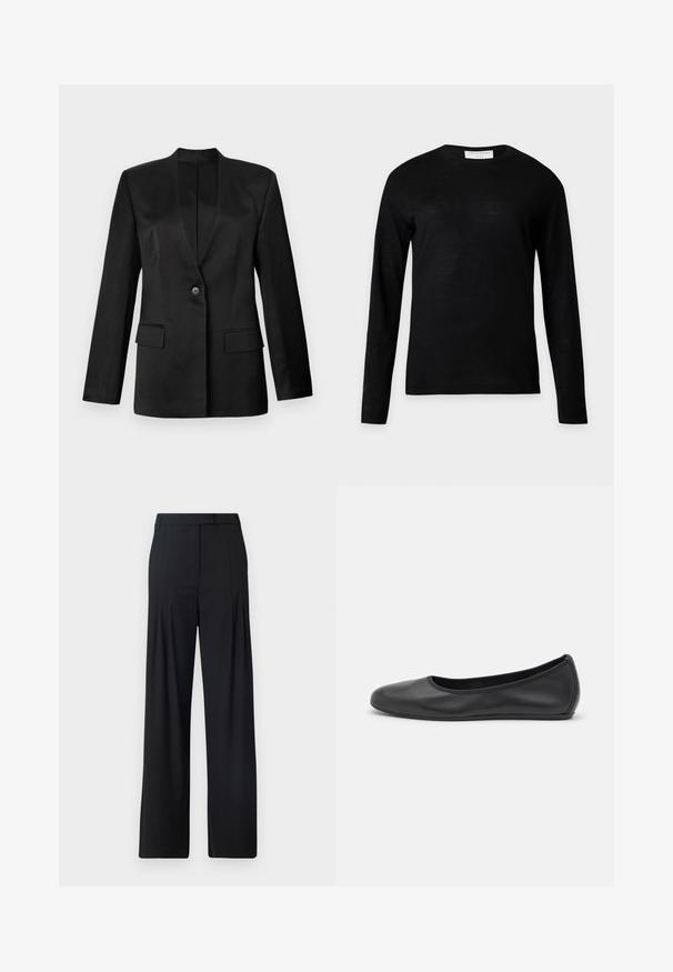 Zwarte blazer met een enkele knoopsluiting, gekartelde revers en twee voorzakken. Gemaakt van gladde stof met een gestructureerde silhoutte.; Zwarte trui met lange mouwen en ronde hals met een klein wit label achteraan de kraag, weergegeven op een effen lichtgrijze achtergrond.; Zwarte wijde broek met een vlakke voorkant, plooien en een tailored tailleband. Gemaakt van gladde, lichtgewicht stof.; Zwarte leren ballerina met een ronde neus, gladde textuur, minimale stikdetails en een flexibele zoolontwerp.