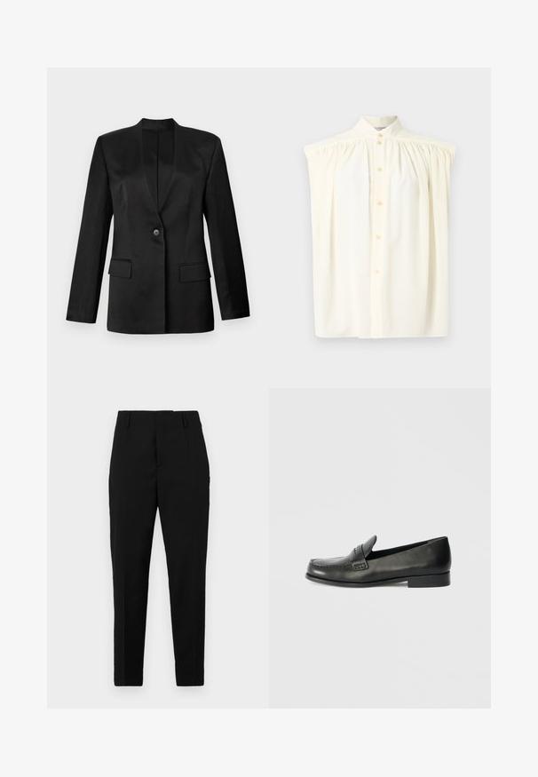 Zwarte blazer met een enkele knoopsluiting, gekartelde revers en twee voorzakken. Gemaakt van gladde stof met een gestructureerde silhoutte.; Crèmekleurige mouwloze blouse met een hoge hals, knoopsluiting en geplooide details op de schouders. Soepele stoftextuur.; Zwarte broeken met een getailleerde pasvorm, voorzien van zijzakken, een gladde textuur en een slank ontwerp dat naar de enkels toe tapsert.; Zwarte leren instappers met een ronde neus, verhoogde stiksel details en een lage gestapelde hak. Gladde textuur met een subtiele glans.