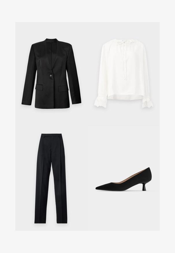 Blazer negro con cierre de un solo botón, solapas con muesca y dos bolsillos frontales. Hecho de una tela suave con una silueta estructurada.; Blusa blanca de manga larga, hecha de tela suave, con un escote redondo, cierre de botones y puños con encaje. Se ajusta con un lazo en el cuello.; Pantalones negros de tela suave con cintura alta, piernas amplias, pliegues frontales y lazos de cinturón clásicos. No hay bolsillos laterales visibles.; Zapato de salón negro para mujer con tacón bajo, puntera puntiaguda, tacón kitten delgado y acampanado y acabado mate y suave, mostrado de perfil.