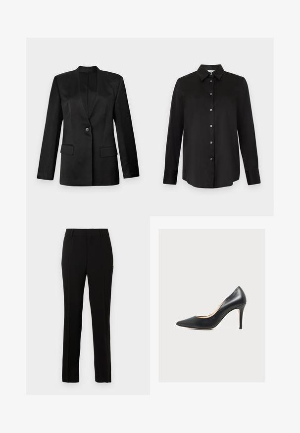 Zwarte blazer met een enkele knoopsluiting, gekartelde revers en twee voorzakken. Gemaakt van gladde stof met een gestructureerde silhoutte.; Zwart overhemd met lange mouwen, knoopsluiting, puntige kraag en zeven knopen, weergegeven op een lichtgrijze achtergrond.; Zwarte op maat gemaakte pantalon van een gladde stof, met een rechte snit, plooien, riemlussen en een rits om te sluiten.; Zwarte leren pump met hoge hak, puntige neus en smalle naaldhak op een witte achtergrond.