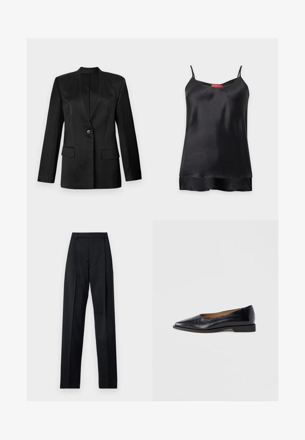 Sort blazer med enkelt knaplukning, v-snit krave og to frontlommere. Lavet af glat stof med en struktureret silhuet.; Sort satin ærmeløs camisole-top med tynde stropper og lagdelt kant på hvid baggrund.; Sorte bukser lavet af glat stof, der har høj talje, brede ben, frontfolder og klassiske bælteløkker. Ingen synlige sidelommer.; Sort læder flad sko med spids tå og lav firkantet hæl. Glat tekstur, minimalistisk design og uden synlige beslag eller mønstre.