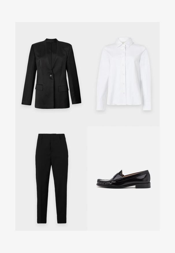 Schwarzer Blazer mit einem einzelnen Knopfverschluss, Reverskragen und zwei vorderen Taschen. Aus glattem Stoff mit strukturierter Silhouette gefertigt.; CLOSED CLASSIC SHIRT WITH STRAP DETAIL - Hemdbluse - white; Schwarze Hosen mit maßgeschneidertem Schnitt, die seitliche Taschen, eine glatte Textur und ein elegantes Design aufweisen, das sich zum Knöchel hin verjüngt.; Schwarze Leder-Mokassins mit glänzender Oberfläche, ausgestattet mit Fransenverzierungen an der Vorderseite und einem niedrigen, gestapelten Absatz.