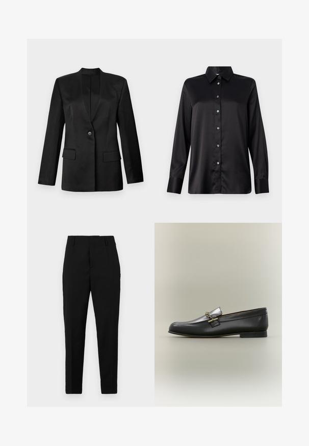 Sort blazer med enkelt knaplukning, v-snit krave og to frontlommere. Lavet af glat stof med en struktureret silhuet.; Sort satin langærmet skjorte med krave, frontlukning med knapper og enkeltknap til manchetterne. Glat tekstur med en let afslappet pasform.; Sorte bukser med en skræddersyet pasform, der har sidelommer, en glat tekstur og et strømlinet design, der bliver smalere mod anklerne.; Sort læderloafer med sølv øverste, gyldent kædedetalje, lav hæl og rundet tå på neutral baggrund.