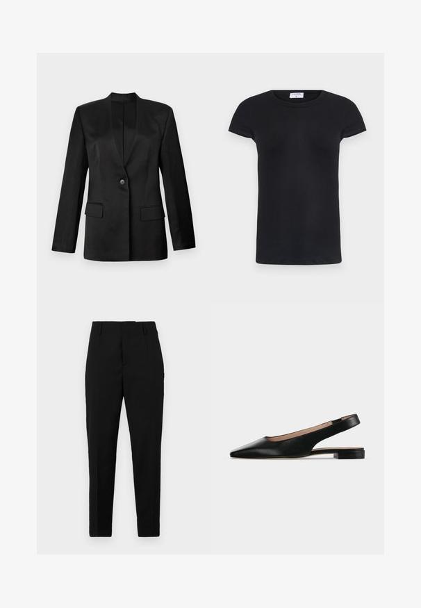 Zwarte blazer met een enkele knoopsluiting, gekartelde revers en twee voorzakken. Gemaakt van gladde stof met een gestructureerde silhoutte.; Zwarte geribbelde T-shirt met een ronde hals en korte mouwen. Zacht stof met een aansluitende pasvorm, met een label bij de nek.; Zwarte broeken met een getailleerde pasvorm, voorzien van zijzakken, een gladde textuur en een slank ontwerp dat naar de enkels toe tapsert.; Zwarte leren slingback platte schoen met spitse neus en lage vierkante hak op een witte achtergrond.