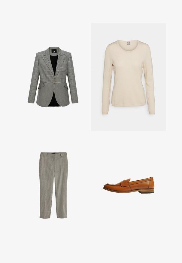 Gråternet blazer med et struktureret design, klapkrave, en enkelt knaplukning og to forlommer. Foret med sort stof.; FTC Cashmere Striktrøje - oatmeal; Herre klassiske ternede bukser med lige ben og bæltestropper i sort, hvid og beige nuancer på hvid baggrund.; Brun læderloafer med flad hæl, rund tå og en dekorativ rem over vristen. Glat tekstur med kontrastsyningsdetalje.