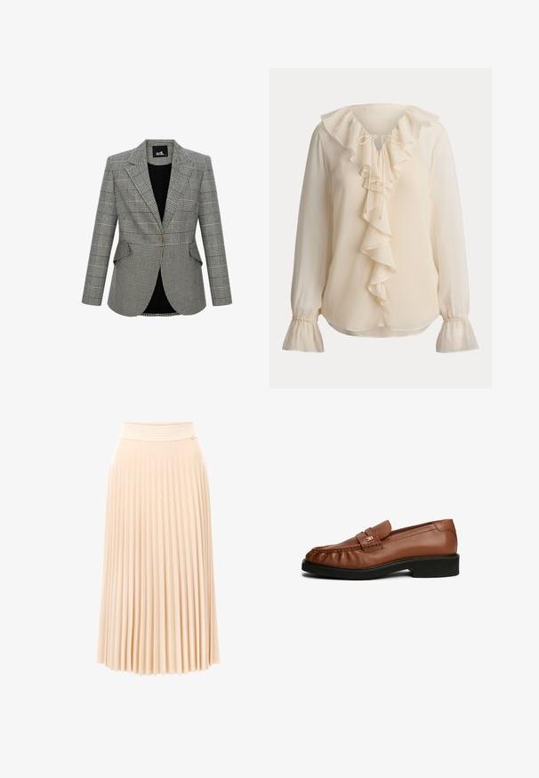 Blazer a cuadros grises con un diseño estructurado, solapas con muesca, cierre de un solo botón y dos bolsillos delanteros. Forrado con tejido negro.; Blusa crema de manga larga con cuello con volantes, volante frontal en cascada, lazo en el escote y puños acampanados fruncidos.; Falda midi plisada en tejido suave color melocotón. Incluye una cinturilla texturizada y un diseño fluido con pliegues verticales. Material liso y ligero.; Mocasines de piel marrón con una textura suave, punta redondeada, detalle de correa en el frontal y tacón bajo de goma negra.
