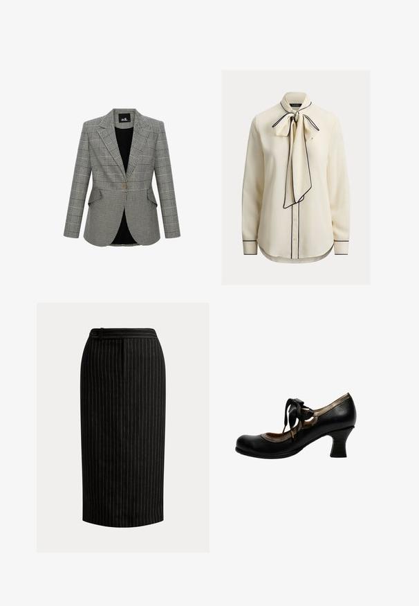 Gråternet blazer med et struktureret design, klapkrave, en enkelt knaplukning og to forlommer. Foret med sort stof.; Cremefarvet bluse med sløjfehals, marineblå kantning, lange ærmer, knaplukning og en glat stofstruktur. Skræddersyet pasform, buet kant.; Sort knælængde blyantnederdel med tynde lodrette hvide nålestriber og en detaljeret linning med knapper.; Sort læder sko med mellem-hæl, metallisk kant, rund tå og sort båndsnøring bundet i en sløjfe på siden.