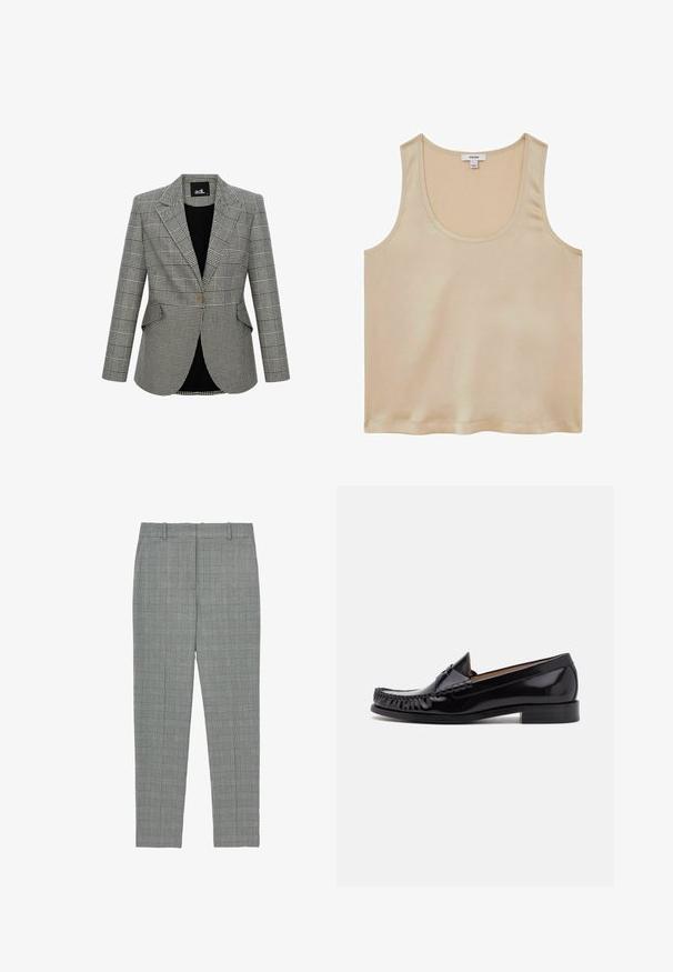 Gråternet blazer med et struktureret design, klapkrave, en enkelt knaplukning og to forlommer. Foret med sort stof.; Reiss REGULAR FIT - Bluse - neutral; Grå ternede tapered bukser med bæltestropper og flad front, designet til en skræddersyet pasform.; Sorte læder moccasin sko med en skinnende finish, der har frynsedetaljer langs fronten og en lav stabelhælk.