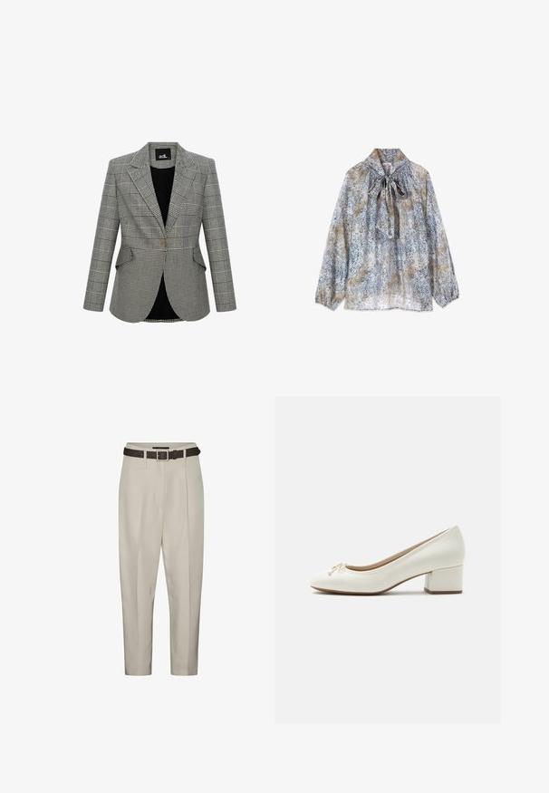 Blazer a cuadros grises con un diseño estructurado, solapas con muesca, cierre de un solo botón y dos bolsillos delanteros. Forrado con tejido negro.; Blusa de manga larga semitransparente con estampado floral en tonos grises y beige, con lazo en el cuello y puños elásticos.; Pantalones beige de corte entallado, con un cinturón marrón, pliegues frontales y bolsillos laterales. Tejido suave con un acabado limpio.; Zapato de salón blanco de cuero para mujer con tacón bajo, puntera redonda, pequeño detalle de lazo en la parte delantera y tacón ancho sobre un fondo claro y liso.