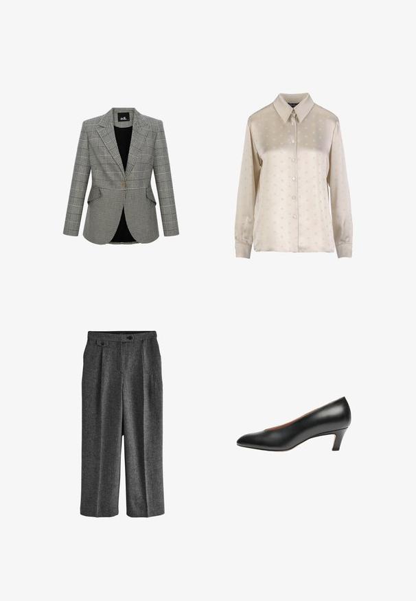 Gråternet blazer med et struktureret design, klapkrave, en enkelt knaplukning og to forlommer. Foret med sort stof.; Lysebeige skjorte med knapper i satin, der har et subtilt præget mønster, lange ærmer og klassisk kravedesign.; Next REGULAR FIT N PREMIUM WIDE LEG PLEATED - Habitbukser - grey; Sorte læderpumper med spids tå og middelhøj hæl. Glat tekstur med et minimalistisk design og ingen synlige udsmykninger.
