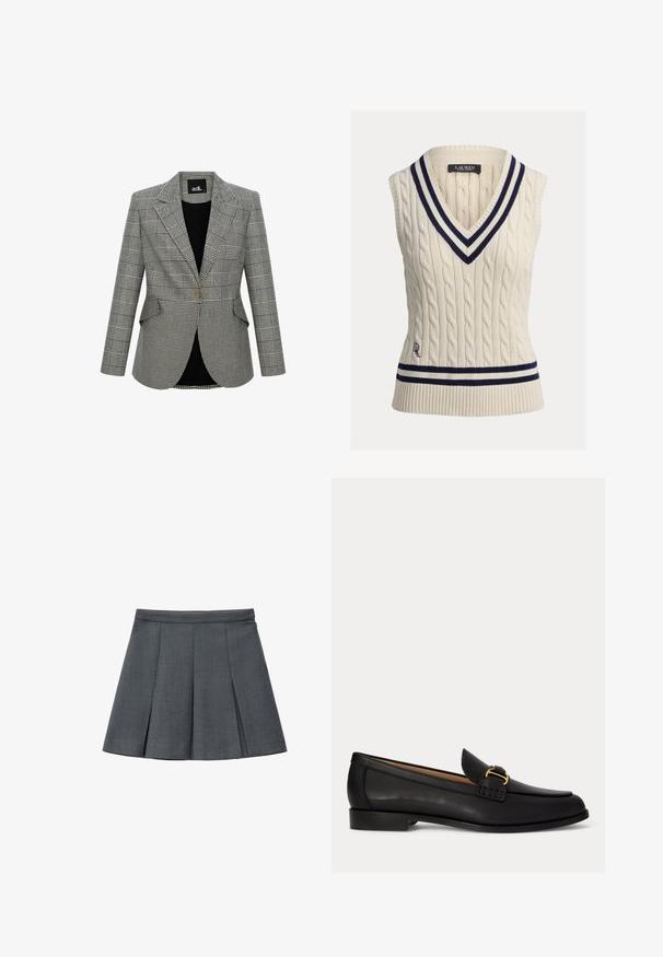 Gråternet blazer med et struktureret design, klapkrave, en enkelt knaplukning og to forlommer. Foret med sort stof.; Ærmeløs sweater i kabelstrik i cremefarve med dyb V-udskæring. Har navy- og hvide stribede kanter ved halsudskæringen og kanten, med logodetalje.; Grå plisseret nederdel lavet af struktureret stof, med en tætsiddende talje og en udvidet form, velegnet til både afslappede og formelle begivenheder.; Sort læderloafer med lille hæl og dekorativt gyldent spænde foran, vist fra siden på en hvid baggrund.