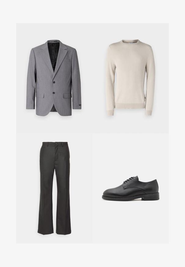 Grå blazer med en glat tekstur, enkeltknappet design, jakkelapper, to knapper og to sidelommer; foret inderside synlig.; Beige striktrøje med et struktureret mønster, rund halsudskæring og ribbede manchetter og kant. Fremstillet af blødt, åndbart materiale.; forét Bukser - dark grey; Sort læder oxford sko med en rund tå, der har en glat overflade, fem huller til snørebånd og en lav stablet hæl.
