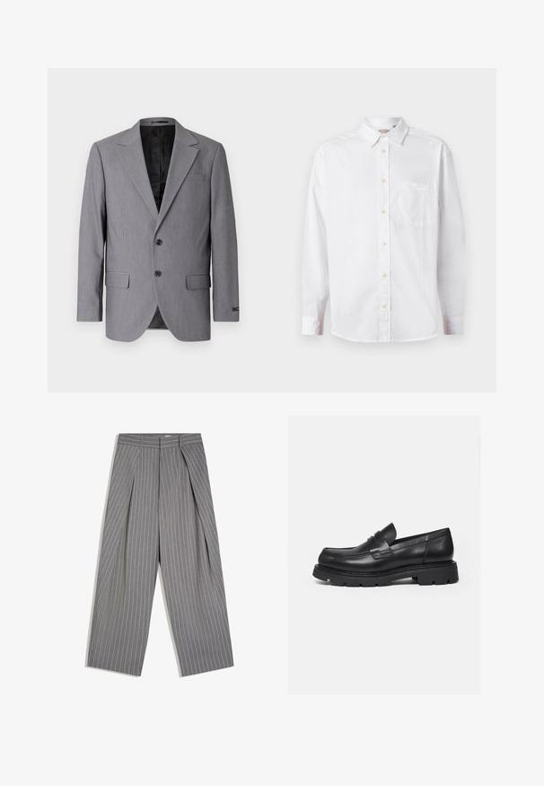 Grå blazer med en glat tekstur, enkeltknappet design, jakkelapper, to knapper og to sidelommer; foret inderside synlig.; Hvid langærmet skjorte med knapper, krave og brystlomme, vist på en ensfarvet lys baggrund.; Grå bukser med vide ben, hvide knapper og forreste læg, med høj talje og bæltestropper.; Sort læderloafer med tyk rillede sål og penny-remdetalje, vist i højre sideprofil på hvid baggrund.
