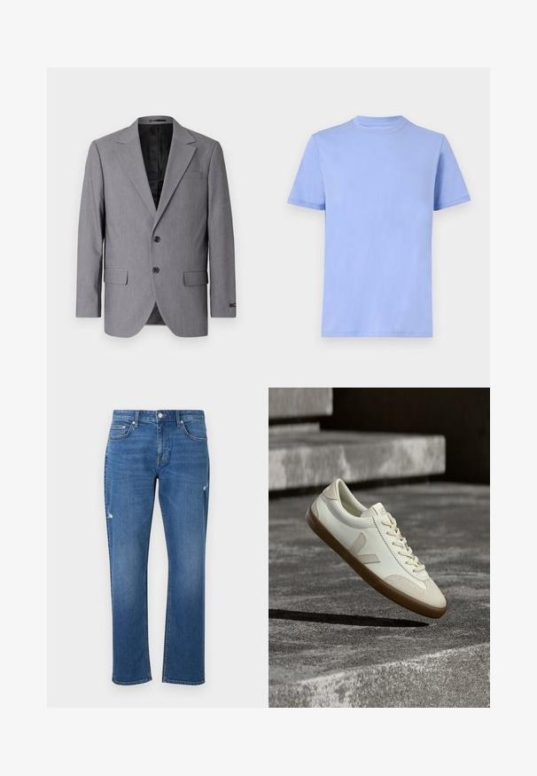 Grå blazer med en glat tekstur, enkeltknappet design, jakkelapper, to knapper og to sidelommer; foret inderside synlig.; Lyseblå T-shirt med korte ærmer og rund hals, uden mønster, vist fladt mod en hvid baggrund.; Blå lige jeans med fem lommer, knap- og lynlåslukning foran samt diskrete slidte detaljer på lårene.; Hvide læder sneakers med tanfarvet gummisål, flade snørebånd og V-formet detalje på siden. Har en glat overflade og minimale syninger.