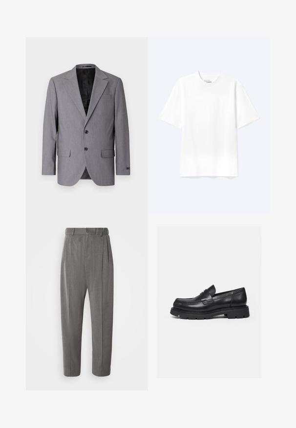 Grå blazer med en glat tekstur, enkeltknappet design, jakkelapper, to knapper og to sidelommer; foret inderside synlig.; Enkel hvid T-shirt med korte ærmer og rund hals med afslappet pasform, vist på en lys baggrund.; Grå bukser med et skræddersyet design, der har læg, lige snit og en glat tekstur. Afsluttet med en talje med bæltestropper.; Sort læderloafer med tyk rillede sål og penny-remdetalje, vist i højre sideprofil på hvid baggrund.