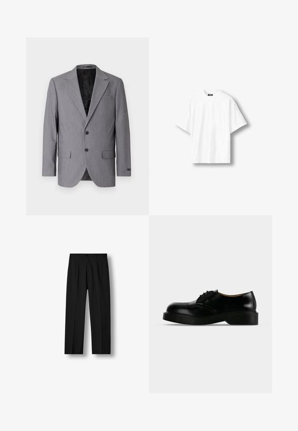 Grå blazer med en glat tekstur, enkeltknappet design, jakkelapper, to knapper og to sidelommer; foret inderside synlig.; Hvid, kortærmet oversize T-shirt med rund hals og sort label på indersiden af nakkekanten, vist på en lys baggrund.; Sorte bukser med lige ben, forreste plisseringer, knaplukning i taljen og sidelommer på hvid baggrund.; Sort poleret læder snørestøvle med tyk sål, rundet tå og lav hæl, vist fra siden på en ensfarvet baggrund.