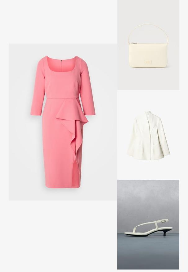 NA-KD Blazer - white; Lyserød kjole lavet af letvægtsstof, med firkantet udskæring, trekvartærmer og et lagdelt flæsedetalje foran.; Hvid sandal med stropper og kitten-hæl med spids tå, svævende over et trægulv udendørs med en sløret plante og væg i baggrunden.; Kremfarvet rektangulær håndtaske med en enkelt rem og lynlås øverst, med en lille præget logo-plakette foran.