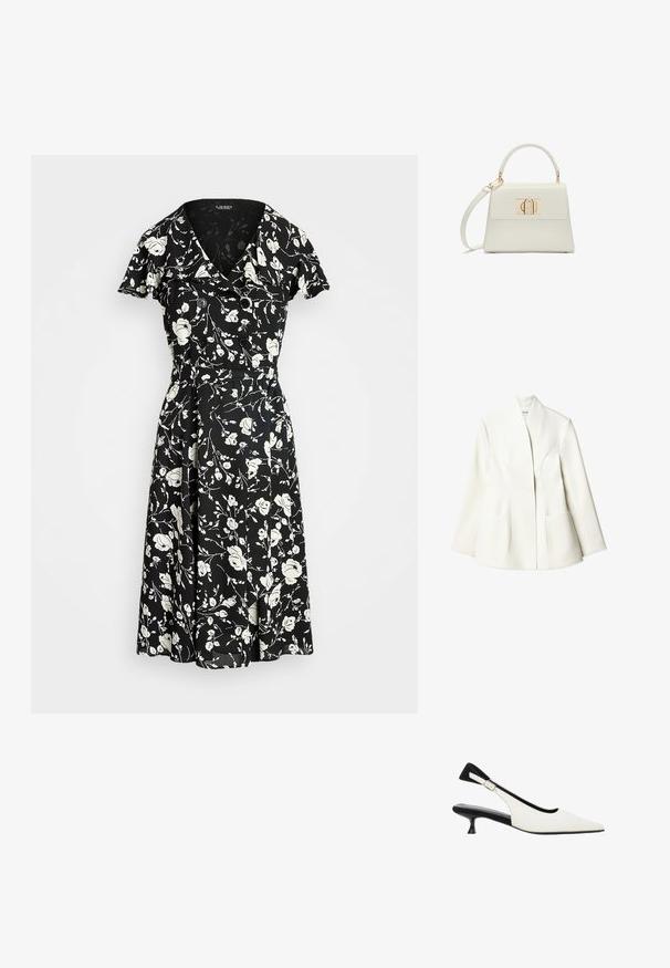 NA-KD Blazer - white; Robe noire avec motif floral blanc, manches courtes, décolleté en V et accents de boutons. Jupe évasée pour un ajustement fluide. Le matériau semble léger.; Chaussure slingback blanche à bout pointu avec un petit talon noir et une bride réglable avec boucle argentée.; Petit sac à main blanc avec poignée supérieure, bandoulière amovible et fermoir rectangulaire doré sur la rabat avant.