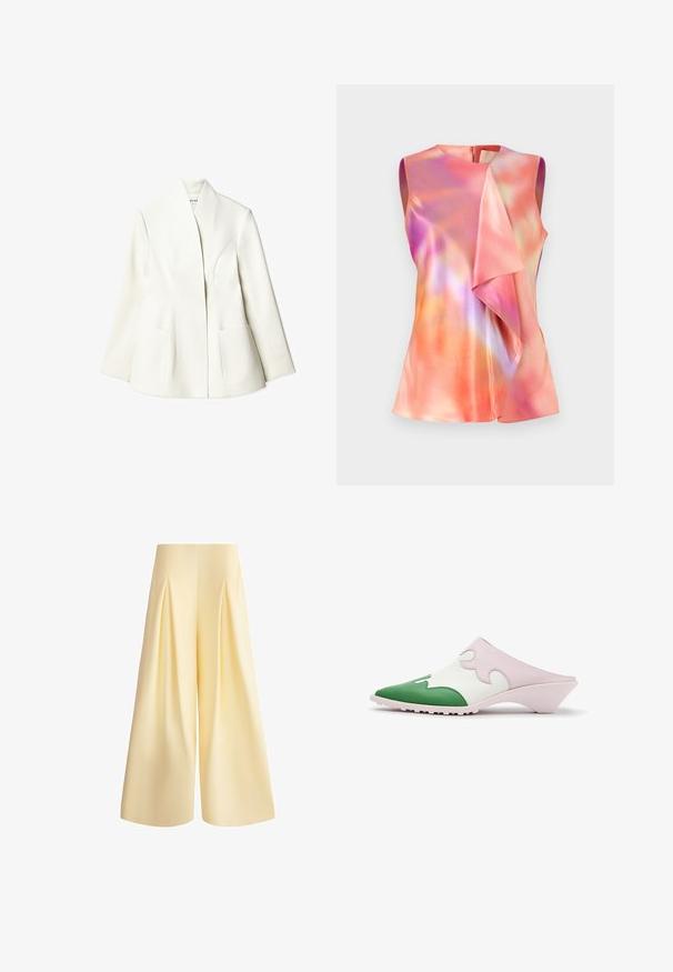NA-KD Blazer - white; Ærmeløs top i satinmateriale, der præsenterer et farverigt abstrakt mønster med nuancer af pink, orange og violet, samt en draperet frontdesign.; Bukser med høj talje og vide ben i lys gul med frontplisseringer og en glat linning, vist på hvid baggrund.; Slip-on mule sko med spids grøn tå, hvid overdel med pink bølget overlay og lav skrå hæl på hvid baggrund.