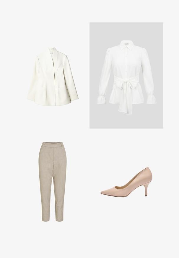 NA-KD Blazer - white; Witte blouse met lange mouwen, knoopsluiting aan de voorkant, puntige kraag, opgeblazen mouwen, elastische manchetten en een brede, gebonden tailleband.; Crème kleurige op maat gemaakte broek met een soepele textuur, een aansluitende taille en een cropped ontwerp. Heeft een subtiel geweven patroon en zijzakken.; Beige leren hoge hak schoen met puntige neus, gegolfde rand en een slanke naaldhak. Gladde textuur en minimalistisch ontwerp.