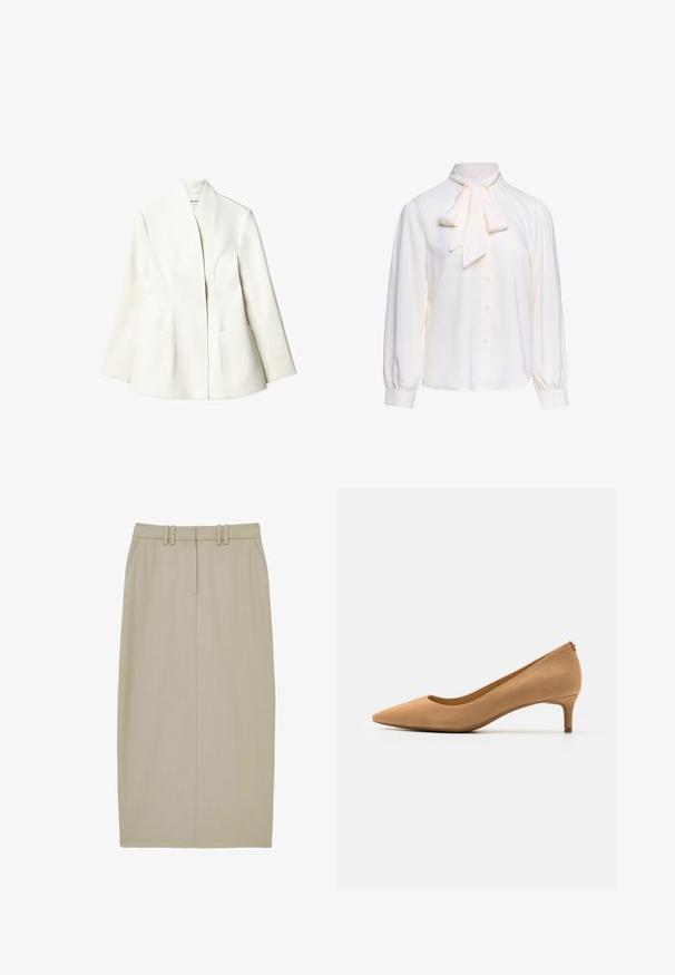 NA-KD Blazer - white; Hvid bluse med lange ærmer med knapper foran og en stor bundet sløjfe ved halsudskæringen på en ensfarvet baggrund.; Beige blyantskørt lavet af glat stof, med to forlommer, en enkelt midternaht og en talje med to vandrette bæltestropper.; Spidse højhælede sko i tan ruskind, med en lav hæl og glat tekstur. Klassisk silhuet med en let detalje på bagkappen.