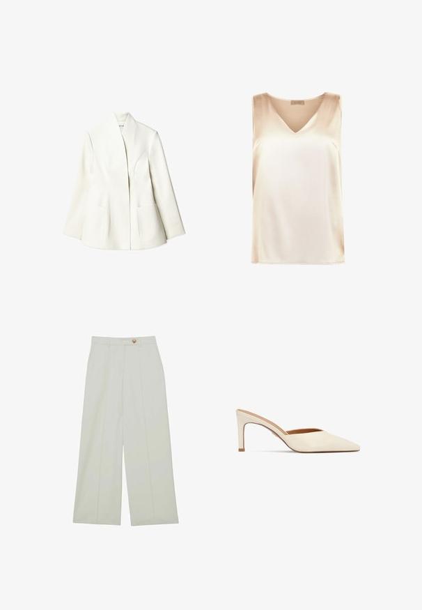 NA-KD Blazer - white; Top sans manches beige en tissu lisse, avec un décolleté en V et un ourlet droit. Style minimaliste sans motifs ni accents supplémentaires.; Pantalon à jambes larges en tissu léger, de couleur blanc cassé, avec des plis devant et une fermeture à bouton unique.; Mules blanches en cuir à talon haut fin et bout pointu, avec un dos ouvert. Doublure intérieure texturée et extérieur lisse.