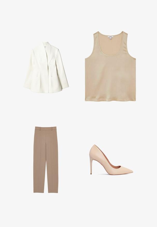 NA-KD Blazer - white; Reiss REGULAR FIT - Blouse - neutral; Pantalons beige ajustés à jambe droite, dotés d'un devant plissé, de passants de ceinture et de détails de surfilage subtils. Tissu lisse et léger.; Escarpin en cuir beige à talons hauts avec un bout pointu et une texture lisse. Dispose d'un talon aiguille fin et d'un décolleté bas.