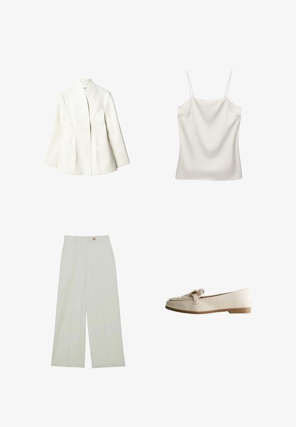 NA-KD Blazer - white; Haut caraco en satin blanc avec fines bretelles spaghetti réglables et un léger drapé au niveau de l'encolure, présenté sur un fond blanc uni.; Pantalon à jambes larges en tissu léger, de couleur blanc cassé, avec des plis devant et une fermeture à bouton unique.; Chaussure plate beige clair en cuir lisse, avec une boucle décorative, un bout rond et un petit talon. Profil simple et épuré.
