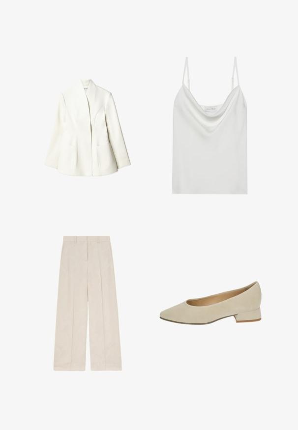 NA-KD Blazer - white; Camisole en satin blanc avec un décolleté drapé, des fines bretelles réglables et une base droite. L'étiquette "ANNA FIELD" est visible à l'intérieur.; Pantalon beige à jambes larges avec plis sur le devant, passants de ceinture et une coupe propre et ajustée.; Escarpin à talon bas en daim beige avec un bout pointu et un petit talon carré. Texture lisse sans motifs ni ornements visibles.
