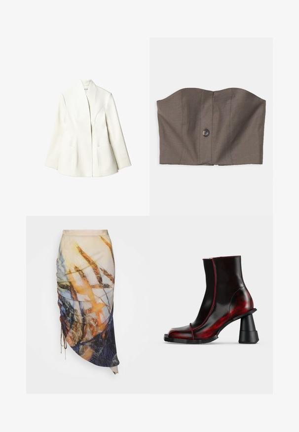 NA-KD Blazer - white; Top marron court sans bretelles avec un design structuré, fermeture à boutons sur le devant et texture lisse avec des détails de couture subtils.; Materiel DIAGONAL GATHERED SKIRT - Jupe crayon - golden hour; Bottine noire et rouge foncé brillante avec talon épais géométrique et bout carré, présentée sur un fond clair uni.