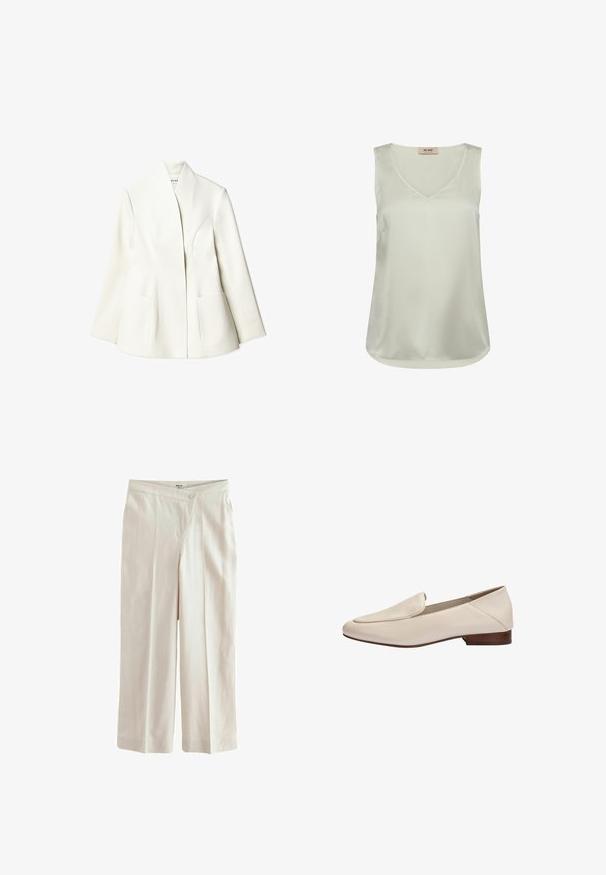 NA-KD Blazer - white; Blouse sans manches en satin beige clair avec encolure en V et ourlet arrondi, comportant une petite étiquette à l'arrière du col intérieur.; Next ASYMETRIC WAITBAND TAILORED WIDE LEG - Pantalon classique - neutral; Mocassin en cuir beige avec petit talon en bois et bout carré arrondi, vue de côté sur fond blanc.