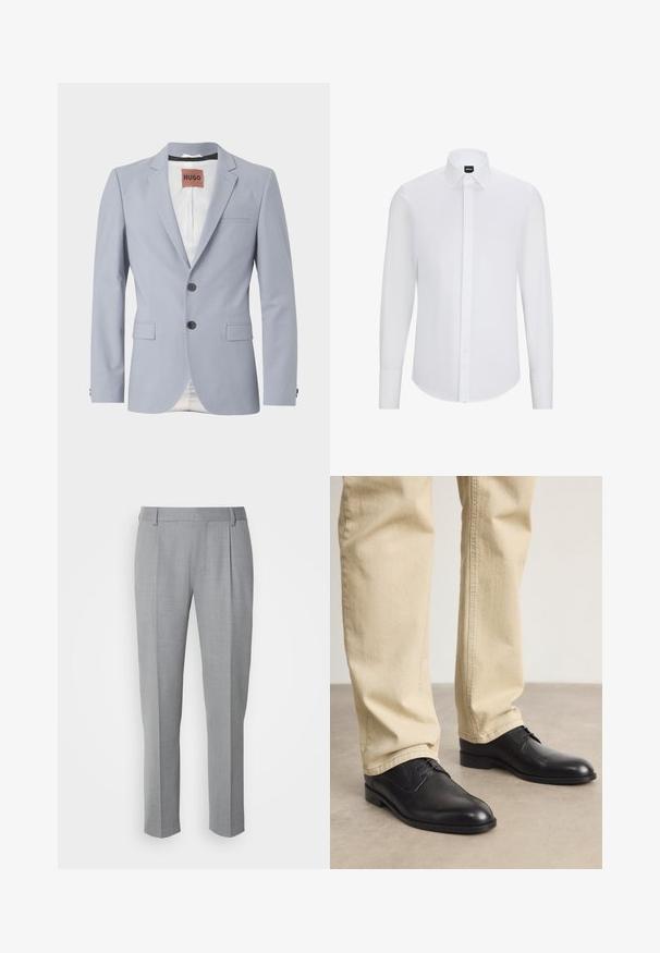 Lichtblauwe op maat gemaakte blazer van gladde stof met revers, twee voorzakken, sluiting met drie knopen en subtiele witte voering.; Witte langemouw overhemd met knopen en een spitse kraag, gemaakt van gladde stof, met een voorflap en een ronde zoom.; Grijze op maat gemaakte broeken met een gladde textuur, voorzien van een platte voorkant, rechte pijpen en subtiele plooien voor extra details.; Zwarte leren veterschoenen met een ronde neus, een gladde afwerking en subtiele stikdetails, gedragen met lichtbeige broeken.