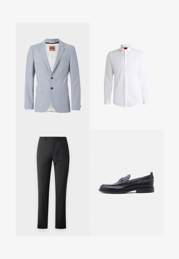 Lyseblå skræddersyet blazer i glat stof med klapkraver, to frontlommer, tre-knaps lukning og subtil hvid foring.; Hvid skjorte med knapper lavet af glat stof med klassisk krave, lange ærmer og rundet kant. Har beige knapper foran.; Skræddersyede mørkegrå bukser med en glat tekstur, slim fit, flad front og standard talje. Har pressede folder og ingen synlige mønstre.; Sort lædermokasin med grå tekstureret forfod, sølvfarvet metalspænde, lav hæl og trækflap bagpå.